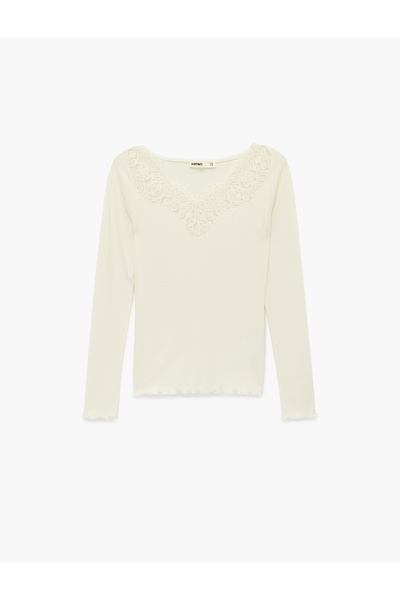 Koton Viscose Slim Fit Long Sleeve V-Neck T-Shirt with Lace Detail