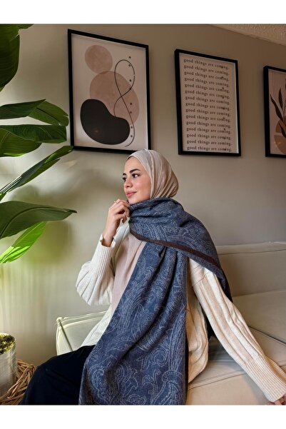 diorel Etro Desen Kaşmir Omuz Şalı Koyu Mavi