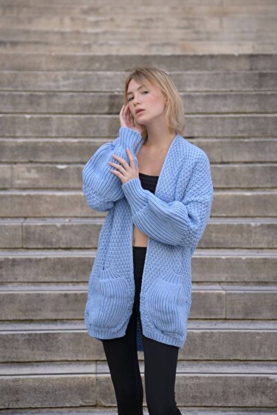 Cannes İda O Oversized Knitted Blue Knitwear Cardigan
