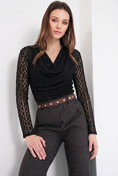 Trend Alaçatı Stili Women's Black Degaje Collar Lined Draped Tulle Blouse Alc...