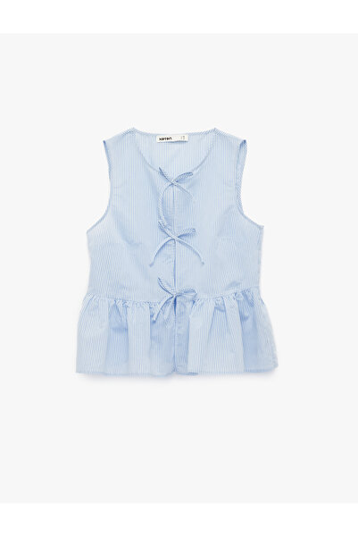 Koton Crew Neck Front Tie Detailed Bow Striped Peplum Blouse