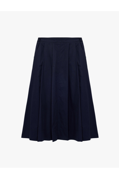 Koton Cotton Pocketed Bell-Cut Midi Poplin Skirt with Pleated Detail