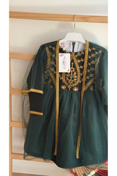 La reina petite A traditional green embroidered dress with a tulle shawl by Larina Petite