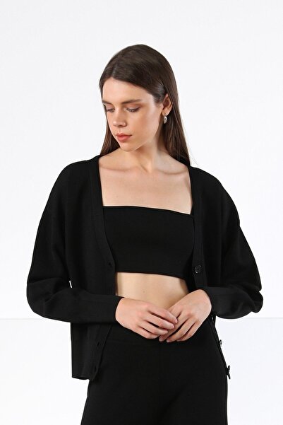 Ferraro Black Long Sleeve Buttoned Viscose Women's Knitwear Cardigan