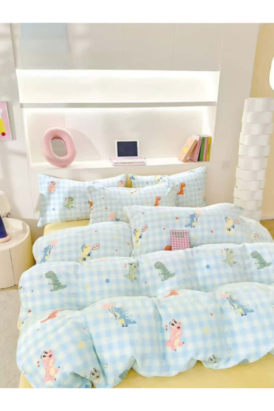 FIONNA.RO Cocolino 4-Piece Bed Linen with Elastic - Yellow with Colorful Dino...