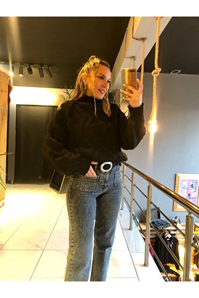 Gözde Tasarım Butik Women's Black Color Standing Collar Wool Thick Loose Sweater