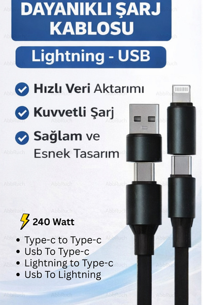 Abbruch 240W 4-in-1 Hızlı Şarj Kablosu | Type-C & USB & Lightning | Tek Kablo...