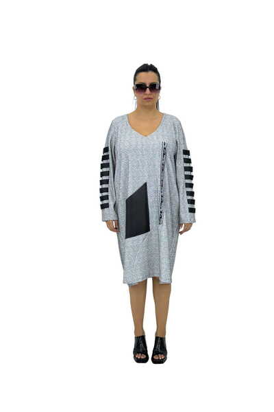 DARKWIN Plus Size Cotton Sleeve Detailed V-Neck Leather Pocket Detailed Long ...