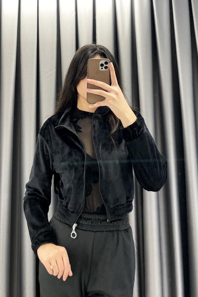 KECHİ WOMAN Turtleneck Crop Velvet Jacket - Black Black