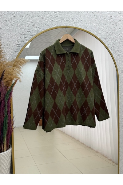 BENAHOLL İlknur Polo Collar Baklava Pattern Sweater-Zi̇5593 Khaki