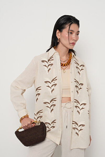 Orfeo Negro Women's Embroidered Cotton Linen Blend O Oversized Shirt