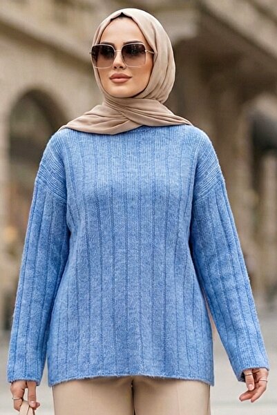 N.S NEVA STYLE Corded Fabric Blue Hijab Knitwear Sweater 8844m