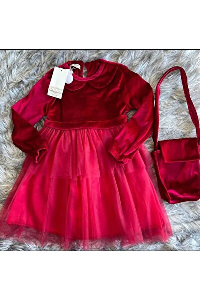 Şirin Kız Little girls' red velvet dress with tulle and matching bag