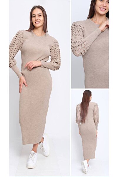 Cannes Lara Ajurlu Kol Detaylı Bisiklet Yaka Bej Triko Elbise