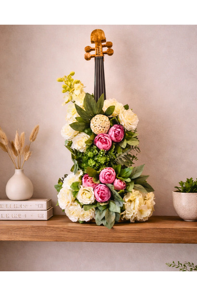 SUFİ TESBİH VE ESANS Dekoratif Çiçekli Keman Biblo | Büyük Boy (75x25 cm) | Y...