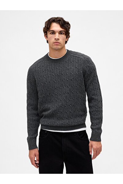 GAP Erkek Koyu Gri Merino Wool-Blend Cable-Knit Kazak