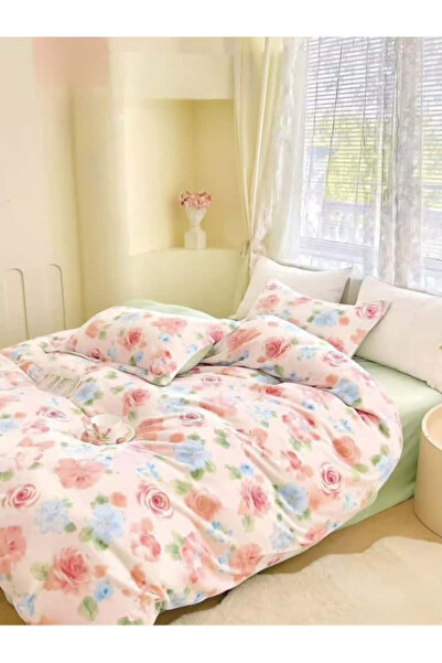 FIONNA.RO Cocolino 4-Piece Bed Linen with Elastic - Green with Delicate Flowers