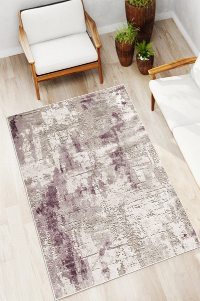 Mortapi Modern Soyut Desen Mürdüm Dijital Baskılı Yıkanabilir Salon Halısı Ot...