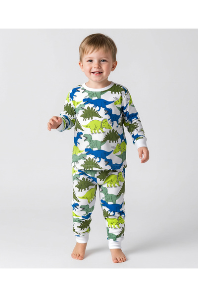 Bonfino طقم بيجاما مطبوع ديناصورات من القطن الخالص 100% - أخضر وأزرق