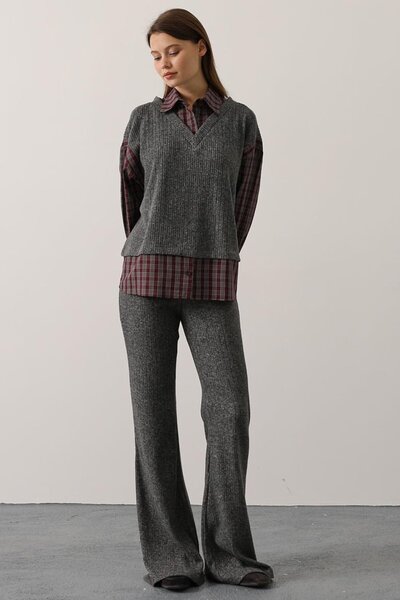 Trend Alaçatı Stili Women's Anthracite Plaid Shirted Cardigan and I Flared An...