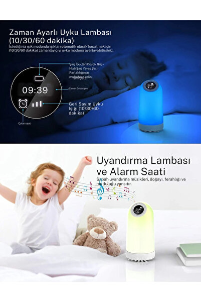 YENİTECH Bluetooth Hoparlörlü Gece Lambası 7’si 1 Arada Alarm Saati FM Radyo Dokunmatik RGB Işık Renkli Lamba