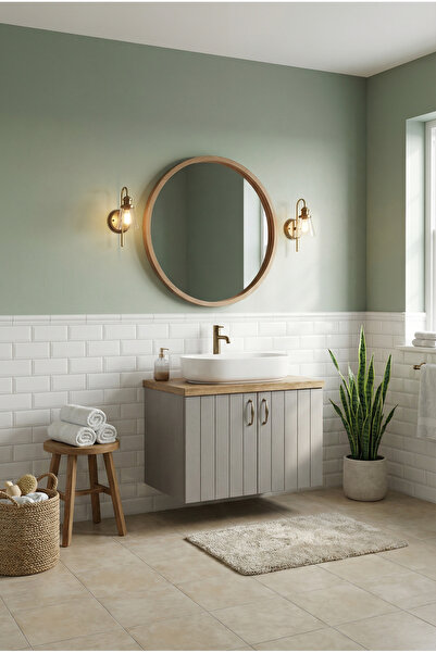 AdnDesing Banyo Dolabı-Asma 2 Kapaklı-Lavabosuz-Ahşap-Mat Vizon-Mdf 70 Cm-Aynalı
