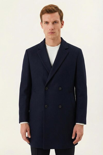 Sabri Özel Giotelli Lacivert Regular Fit Mono Yaka Yünlü Kaşe Kaban