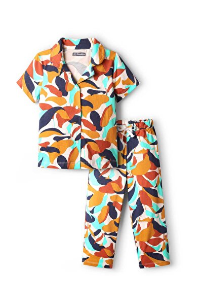 Pine kids بيجامة نوم قطنية محبوكة بنصف كم وطبعة تجريدية - متعددة الألوان