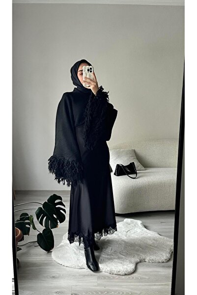 Muennesofi Siyah Etek Ucu Dantelli Saten Etek