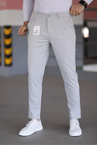 MODAMESTO Men's Light Gray Slim Fit Armür Patterned Stretch Fabric Trousers