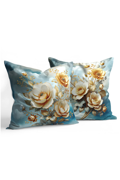 CANİLA Double-Sided Hidden Zipper Blue Rose Patterned Digitally Printed Kirle...