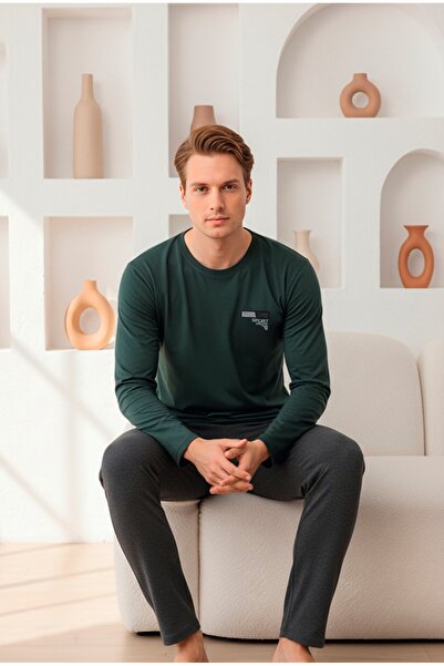LİLA İÇ GİYİM Men's Long Sleeve Embroidered Knitted Pajama Set