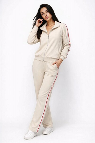 CARLA MARA Modal Fabric Full Zipper Striped Tracksuit Set Beige