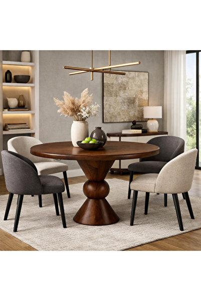 Trihome Masif Ahşap Torna Ayaklı Yuvarlak Yemek Masası El Yapımı Modern 100cm