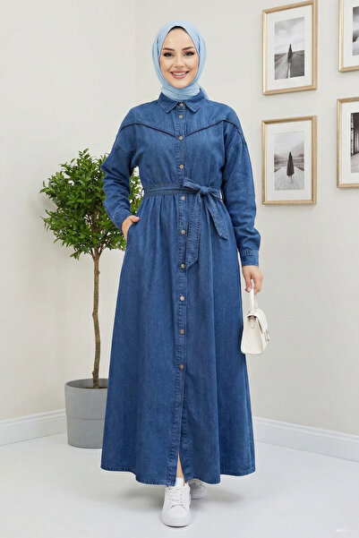 Hb Harma Time Butik Women's Buttoned Belted Dark Denim Blue Hijab Dress