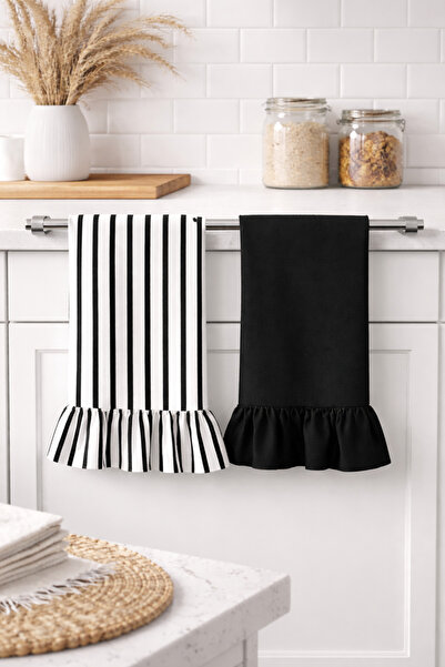 Mirilliahome Cotton Linen Ruffled Kitchen Towel Set of 2 35X55 cm Natural Dry...