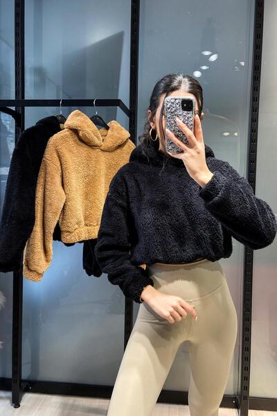 KECHİ WOMAN Plush Crop Sweat with Ears - Black Black