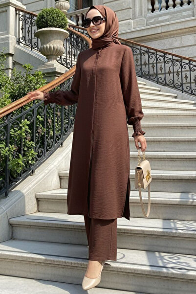 N.S NEVA STYLE Buttoned Dark Brown Hijab Double Set 12591Kkh