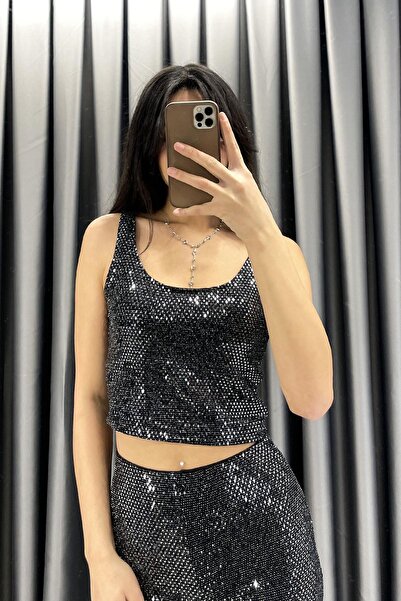 KECHİ WOMAN Sequin Embellished Crop Bustier - Black Black