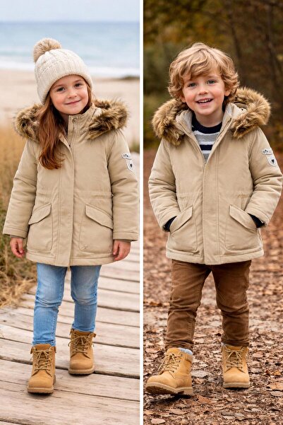 MAYORAL Bej Kapüşonlu Kürk Yakalı Unisex Çocuk Parka