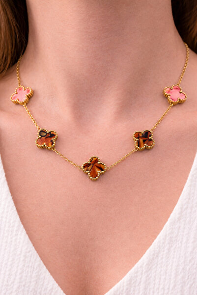 charmove ile kendinizi şımartın Gold Color Clover Patterned Stone Steel Necklace