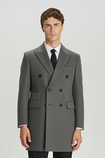 Sabri Özel Giotelli Antrasit Slim Fit Yünlü Sivri Yaka Kruvaze Palto