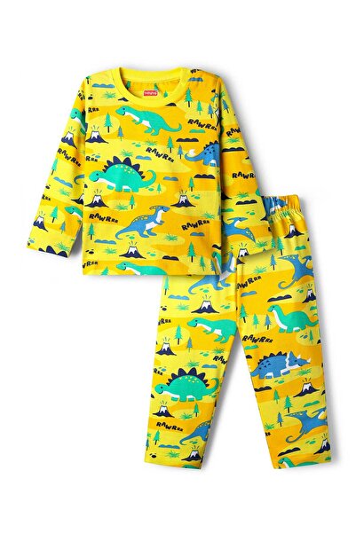 Babyhug Cotton Knit Full Sleeves Co-Ord Night Suit with Dino Print - Yellow