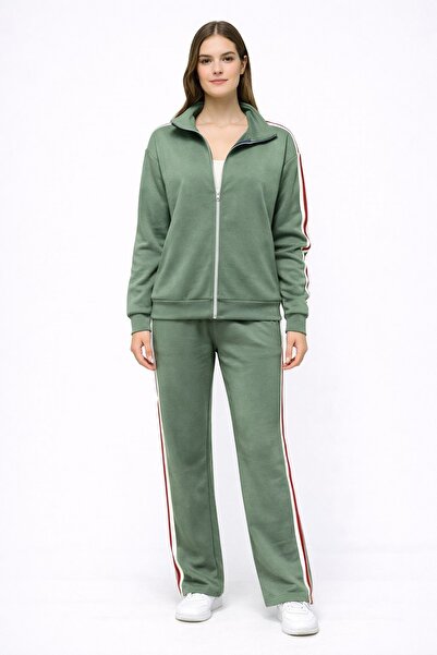 CARLA MARA Modal Fabric Full Zipper Striped Tracksuit Set Green