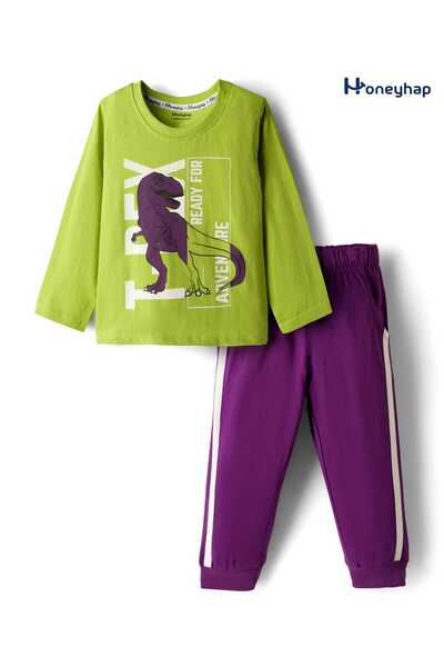 Honeyhap طقم نوم قطني فاخر بطبعة ديناصورات مغسولة بيولوجيًا - أخضر ببغائي وأر...