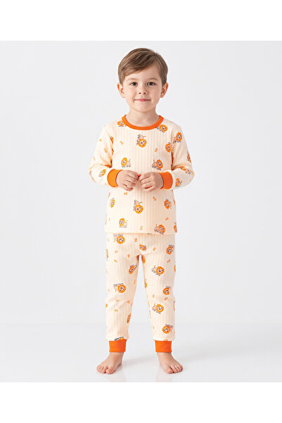 SAPS Cotton Lion Printed Full Sleeves T-Shirt and Pajama Set - Beige/Orange