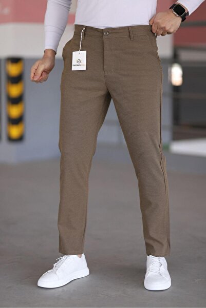 MODAMESTO Men's Brown Slim Fit Armür Patterned Stretch Fabric Trousers
