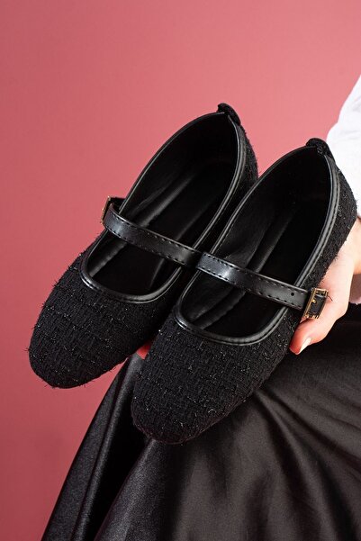 FUGA MODA Minerva Black Glittery Fabric Gold Buckle Belted Ballerinas