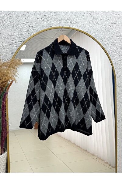 BENAHOLL İlknur Polo Collar Baklava Pattern Sweater-Zi̇5593 Black