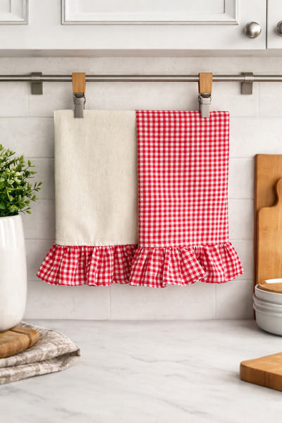 Mirilliahome مجموعة من 2 مناشف مطبخ قطنية كتانية مكشكشة مقاس 35x55 سم، قماش ت...